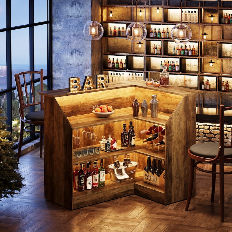 Black Wood L-Shaped Bar Cabinet, 4-Tier Corner Bar - Brown