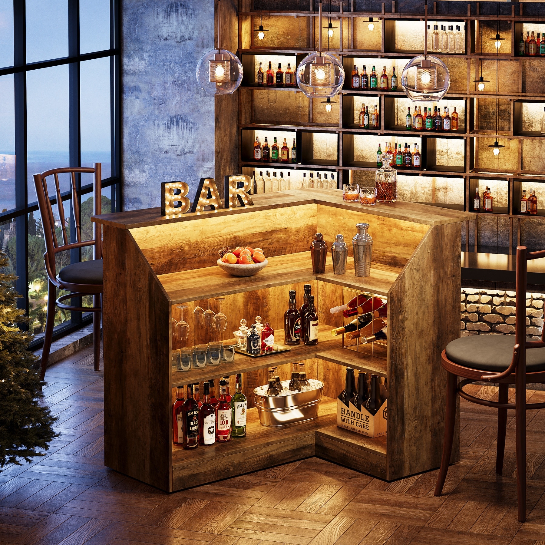 BARテーブルセット Home Bar Unit, 4 Tier L Shaped Liquor Bar Table with Storage and