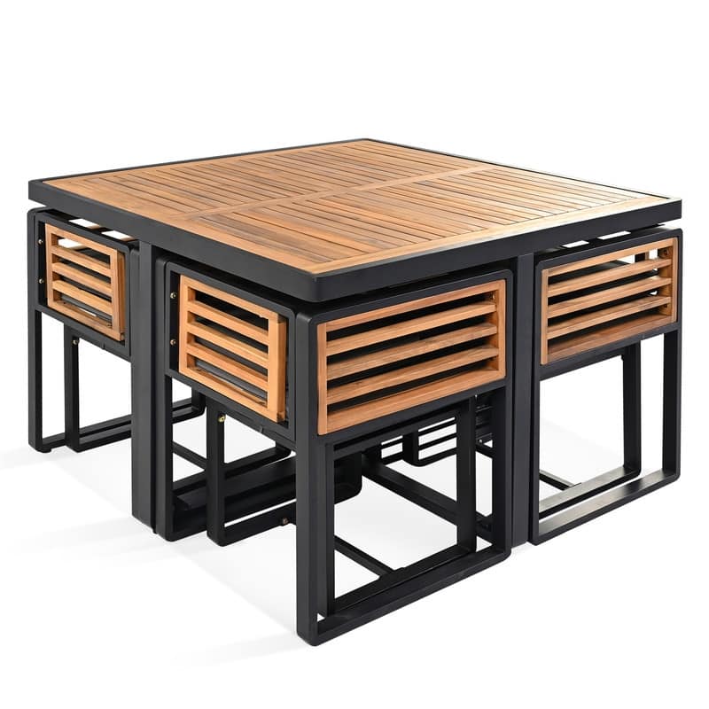 9-Piece/18-Piece Acacia Wood Patio Dining Set, Outdoor Dining Table Set with Cushioned Chairs, Ottomans and 1 Square Table