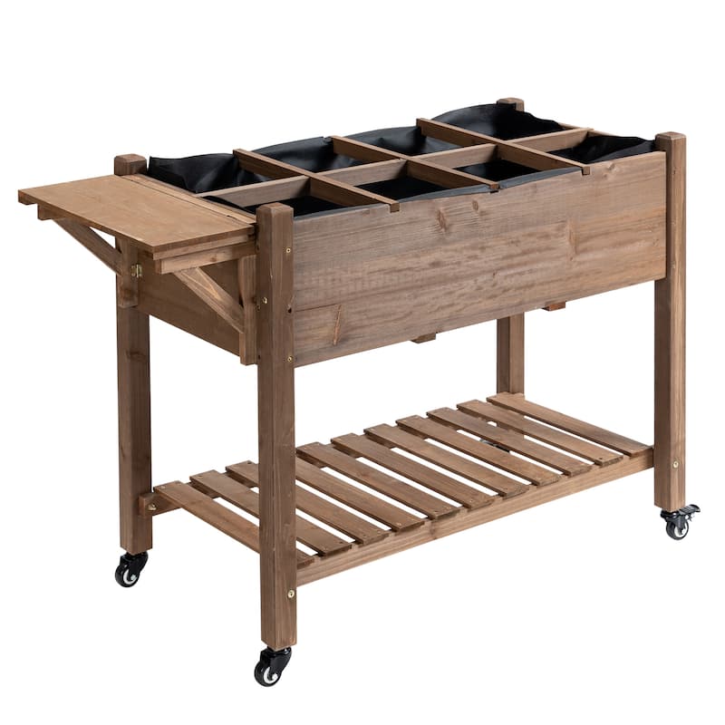 Outsunny 49'' x 21'' x 34'' Raised Garden Bed w/ 8 Grow Grids, Outdoor Wood Plant Stand w/ Storage Shelf and Lockable Wheels