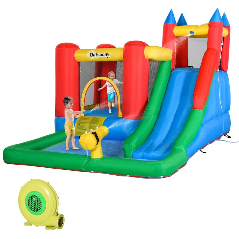 Outsunny 6-in-1 Kids Bounce House Inflatable Water Slide with Pool, Water Gun, Climbing Wall, Inflator Included