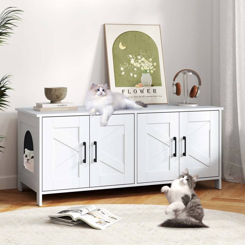 Gymax Cat Litter Box Enclosure for 2 Cats w/ Double Rooms Wooden Cat
