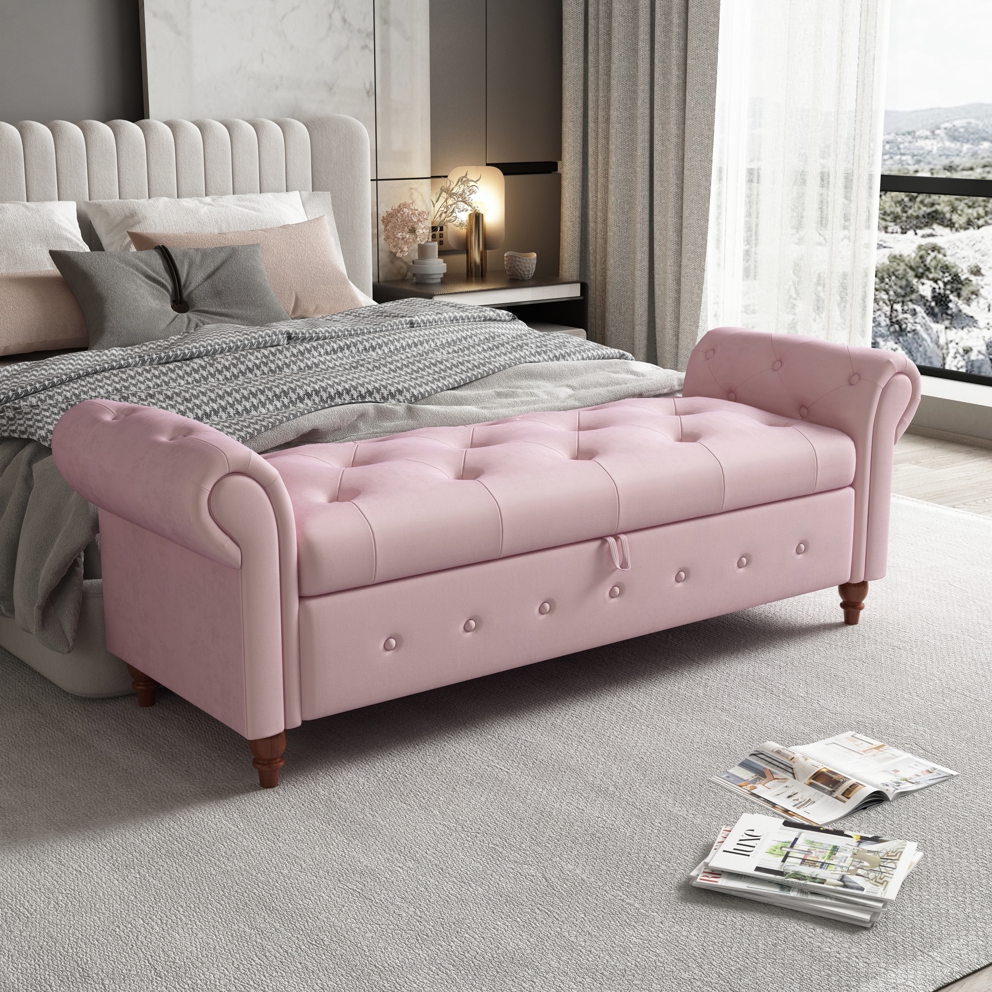 Bed Bench Pink Velvet