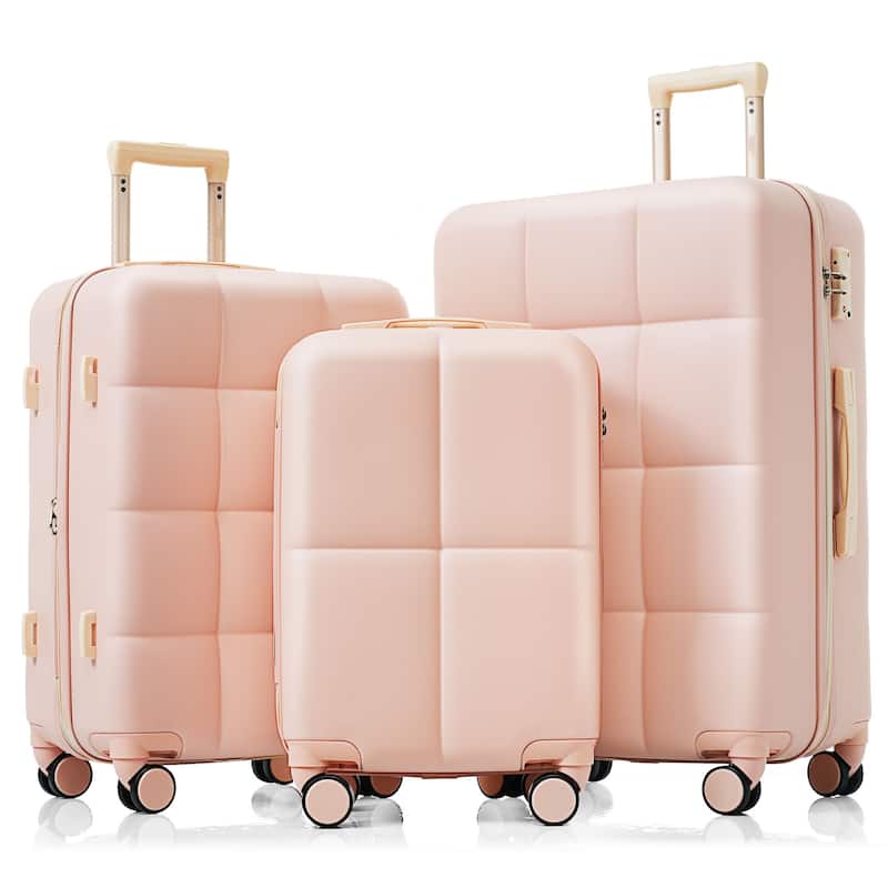 Luggage Set of 3, Airline Certified Carry-on Luggage with Cup Holder, ABS Hard Shell Luggage with Spinner Wheels - Pink