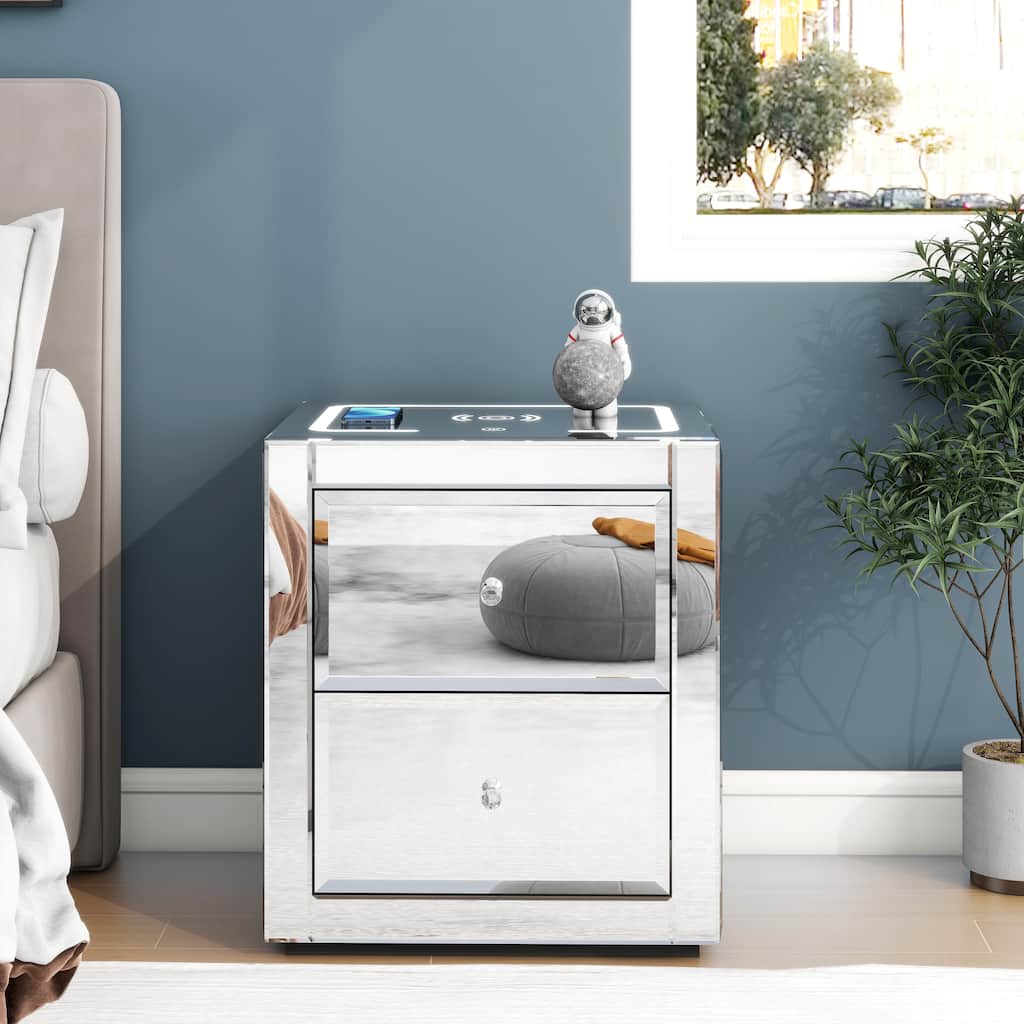 Nightstand Mirror Glass Top with Wireless Charging Station LED Light