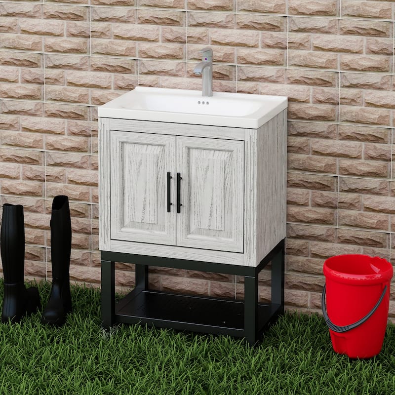 GDFStudio - CompactLine Modern Freestanding Bathroom Vanity with Ceramic Sink and Open Shelf - 24 Inch