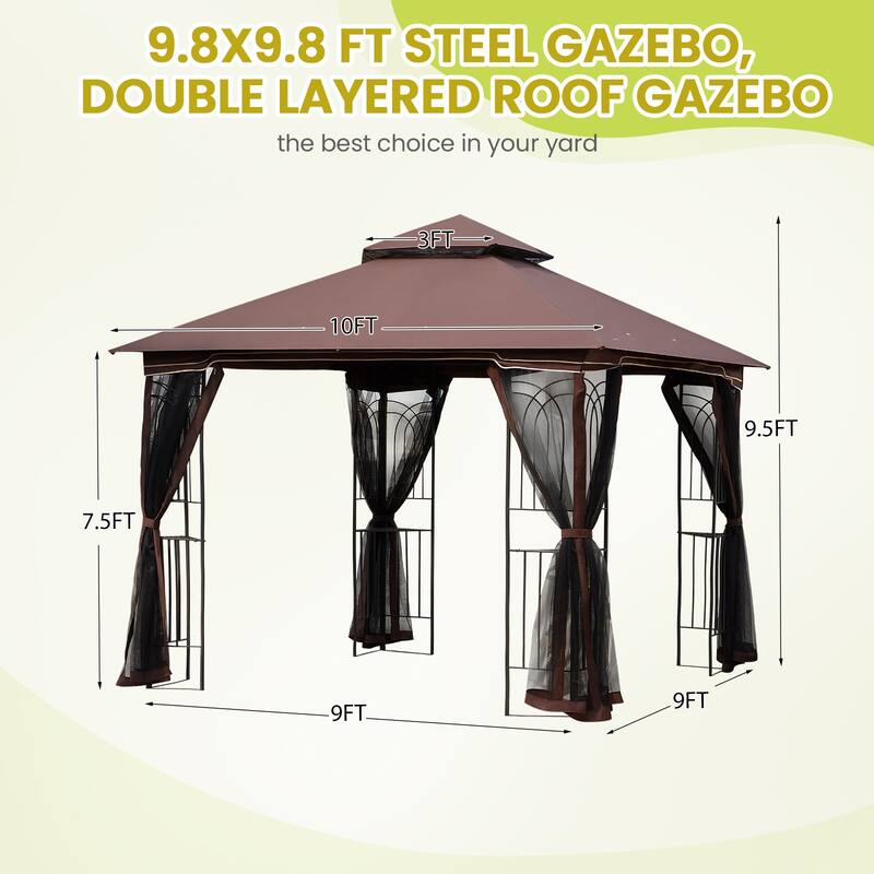 9'X9' Outdoor Steel Gazebo, Double Roof Patio Canopy with Netting, Curtains & Hanging Hooks for Backyard Deck Garden