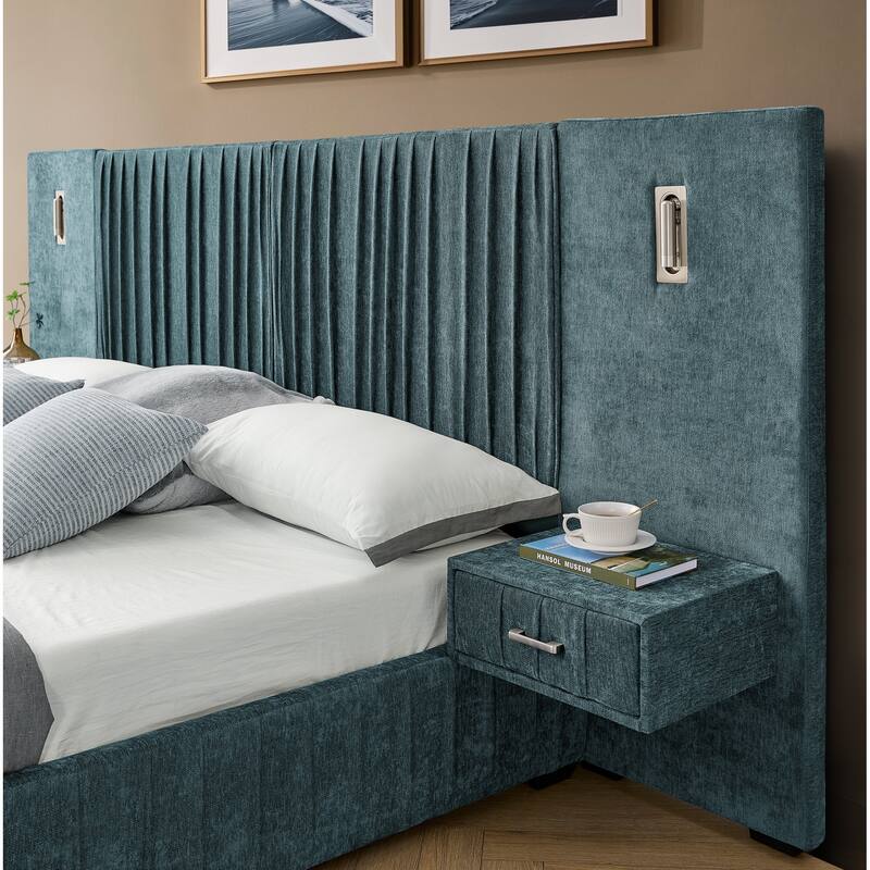 Roomfitters Queen Upholstered Chenille Platform Bed with Pleated Headboard and Built-In Bedside Tables, Solid Frame