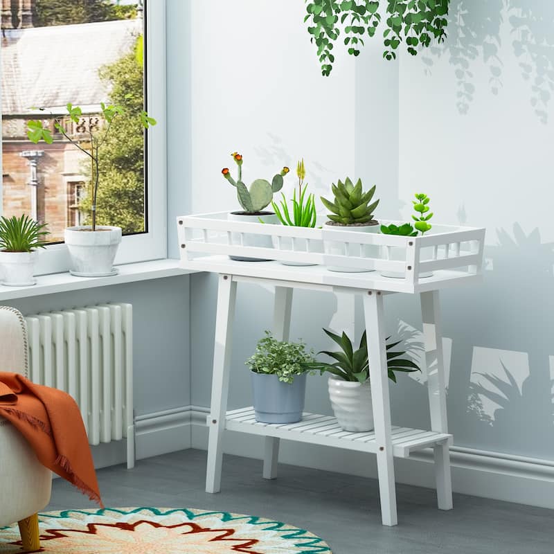 2 Tier Wood Plant Stand Flower Shelf Indoor Outdoor Narrow Table White - 29" L x 10.6" W x 27.2" H - White