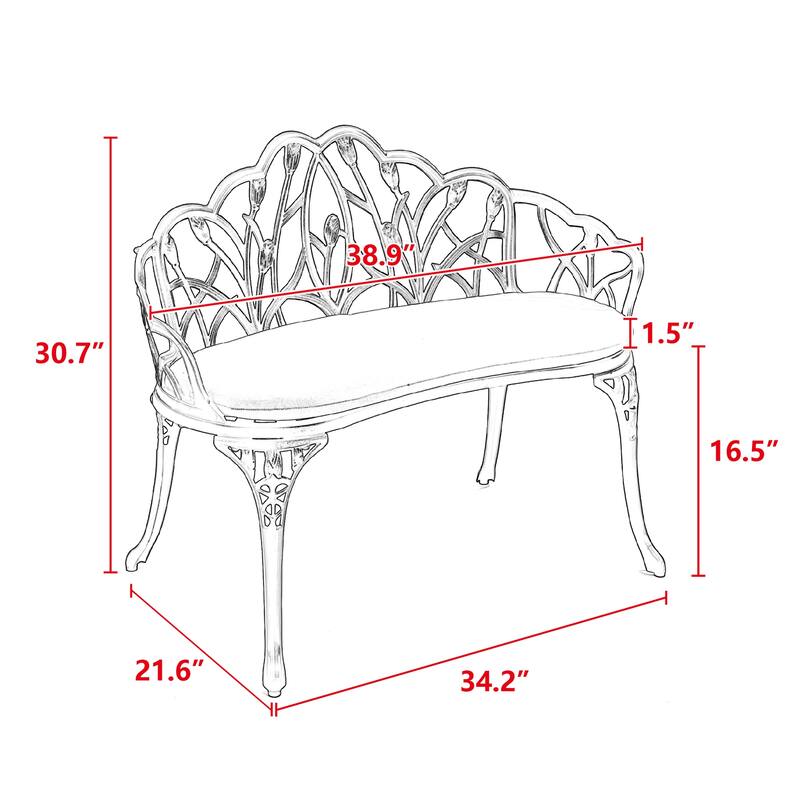 Tulip Patio Garden Bench Metal Park Bench Cast Aluminum Outdoor Furniture With Floral Rose For Patio (Excluding the table)