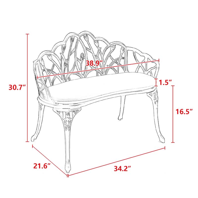 Patio Garden Bench Metal Park Bench Cast Aluminum Outdoor Furniture with Floral Rose，with cushion