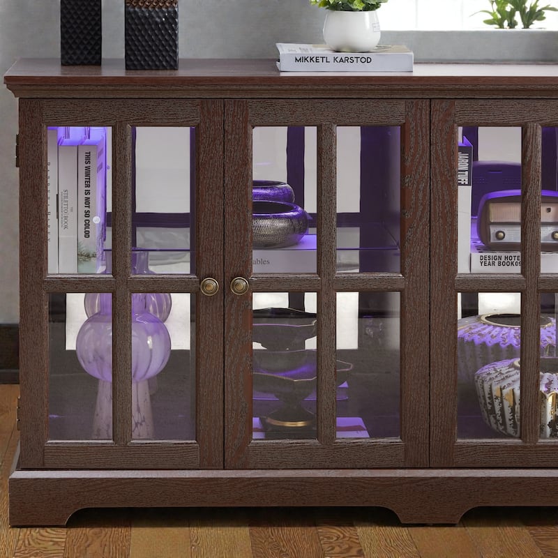LED Antique Curio Display Cabinet with Glass Doors, 4 Door Vintage Showcase with Adjustable Shelves