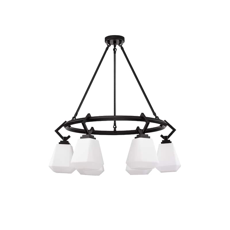 Chandelier Matte Black w/Frosted Glass Shades 6-Light 28-Inch Wagon Wheel