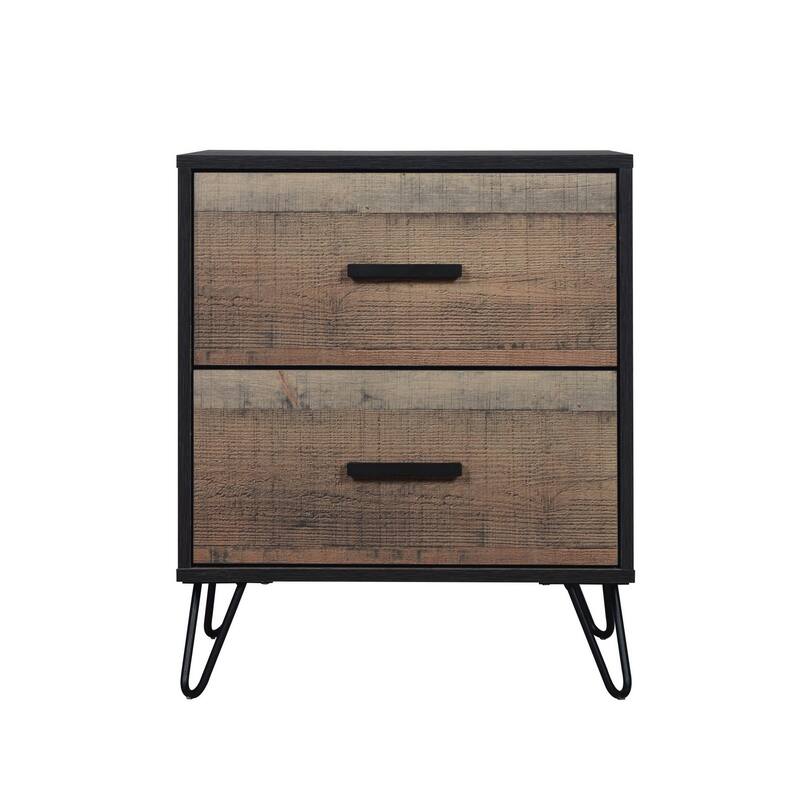 Lala 25 Inch Nightstand, 2 Drawers, Black Handles, Rustic Brown Wood Finish