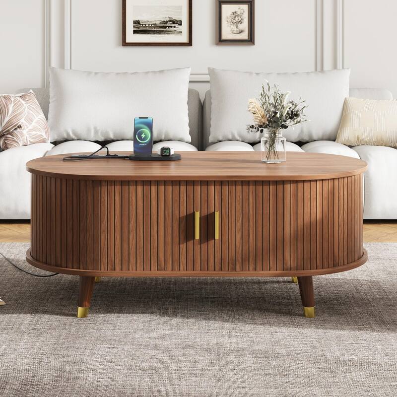 42.5" Wood Oval Coffee Table with Charging Station, Mid-Century Center Table with Sliding Tambour Door, Farmhouse Cocktail Table