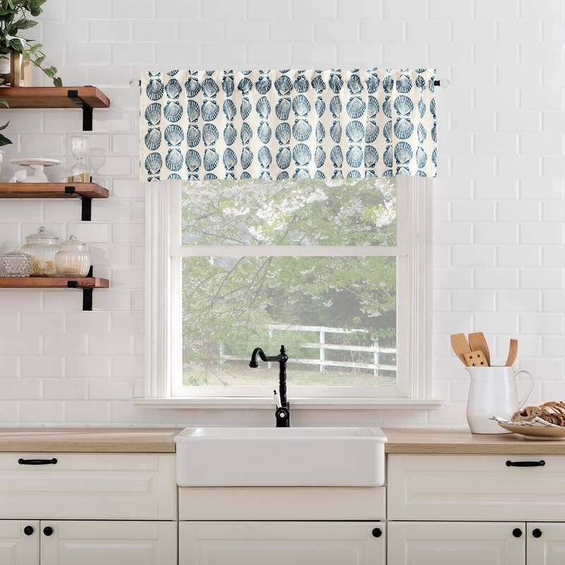 No. 918 Sandbar 2-Piece Tonal Seashell Print Semi-Sheer Rod Pocket Kitchen Curtain Tier Pair