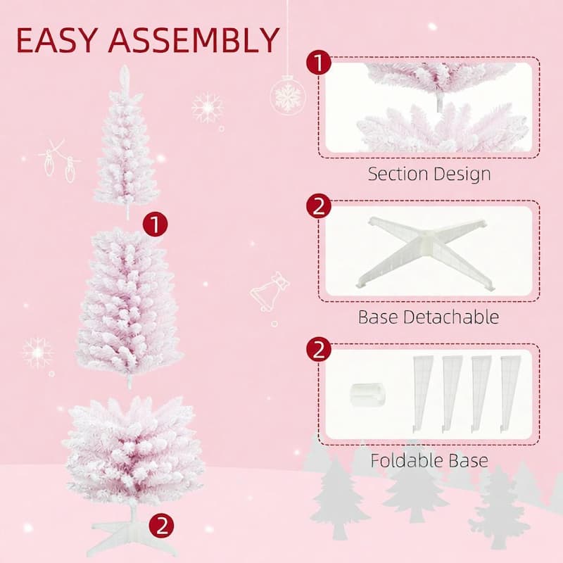 Snow Flocked Artificial Christmas Tree,Decorated Christmas Tree,with Pencil Shape, Realistic Branches - Pink