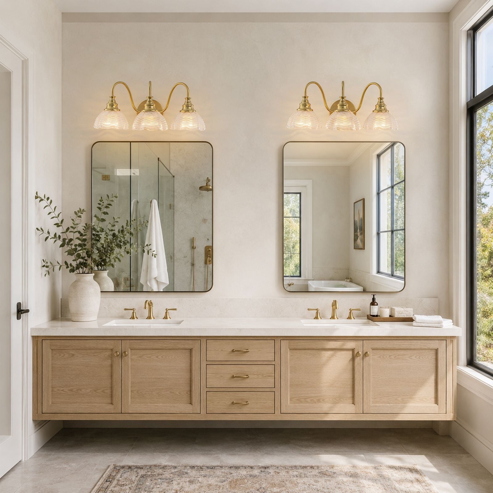 2-Light Modern Vanity Lights Wall Sconce Clear Wavy Glass Shades