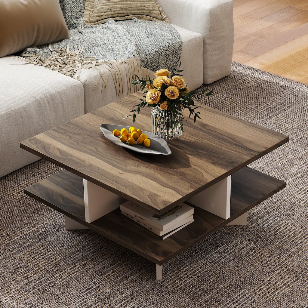 Stylish 2-Tier Multi-Functional Coffee Table with Storage Shelves and Cross-Shaped Base for Home Use - 24" x 24" x 13"
