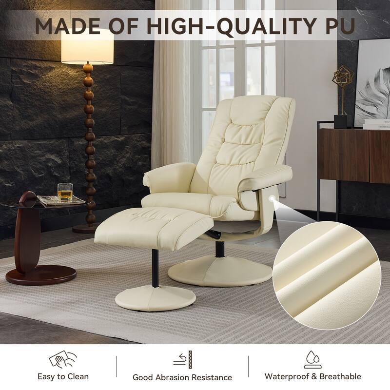 Recliner Chair with Ottoman - 360° Swivel Massage Lounge Chair with 5-Point Vibration & Heated Seat, 140° Adjustable PU Recliner