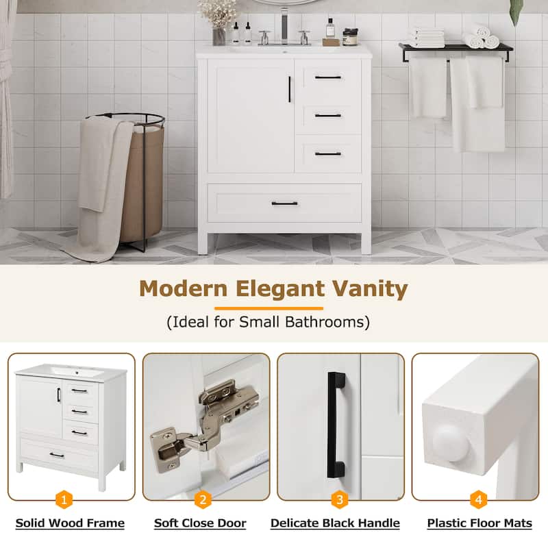 30" Bathroom Vanity with Ceramic Sink, Soft-Close Doors & Drawers, Solid Wood Frame, Modern Storage Cabinet
