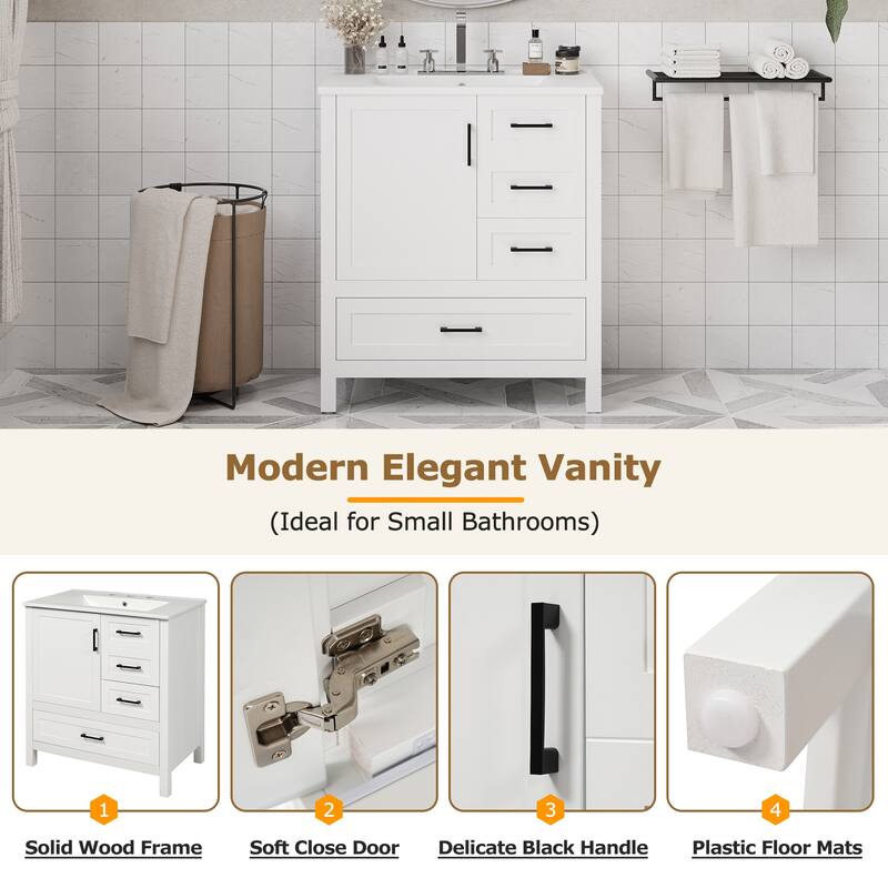 30" Modern Bathroom Vanity Set with Ceramic Sink - Soft-Close Doors & 3 Drawers, Storage Cabinet with Removable Tray