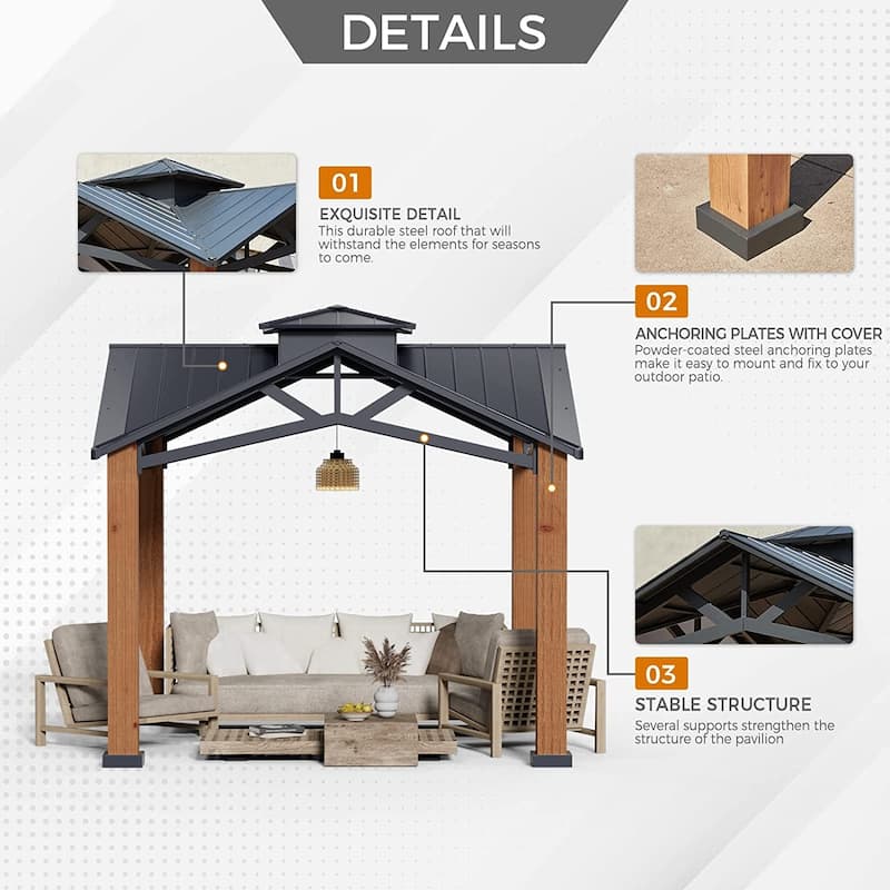 Outdoor Galvanized Steel Roof Gazebo Pergola w Wooden Coated Alumninum Frame, Privacy Curtains and Nettings Include