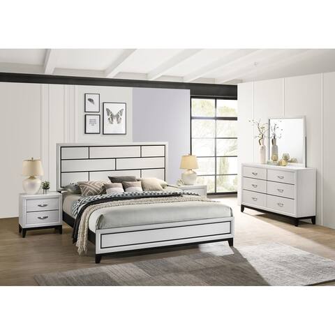 Roundhill Furniture Stout Contemporary Panel Bedroom Set in White Finish with Panel Bed, Dresser, Mirror, 2 Night Stands