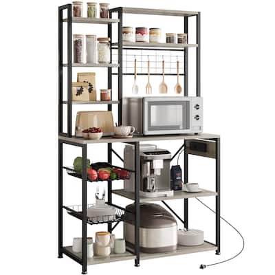Bakers Rack with Power Outlet, Microwave Stand with 2 Wire Drawer