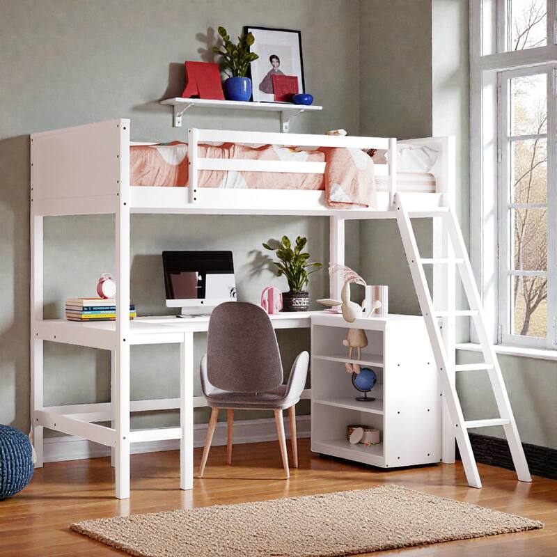 Twin Size Wooden Loft Bed with Shelves and Desk, Space-Saving Pine Wood Loft Bed with Guardrails and Ladder - White - Twin