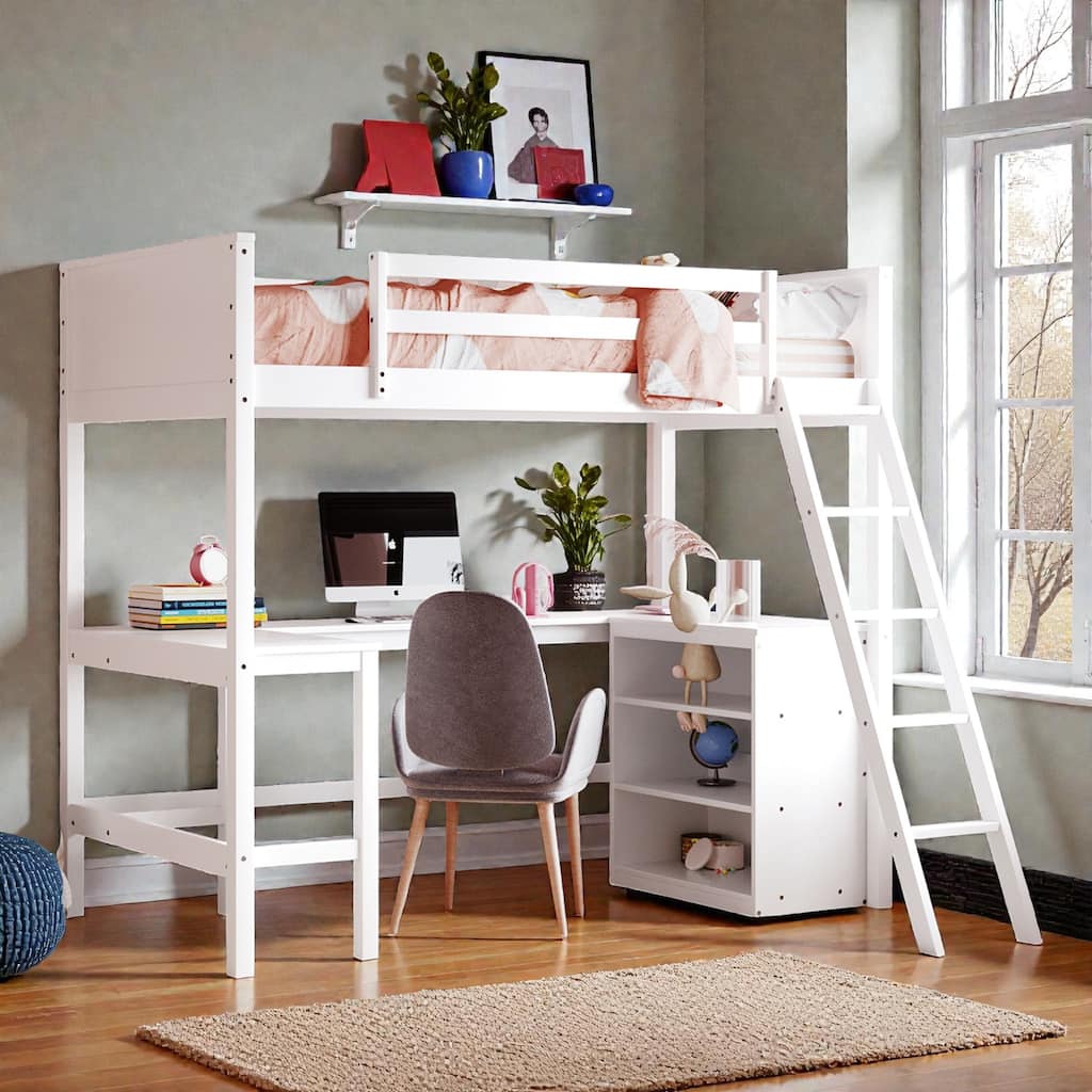 Twin Size Wooden Loft Bed with Shelves and Desk, Space-Saving Pine Wood Loft Bed with Guardrails and Ladder