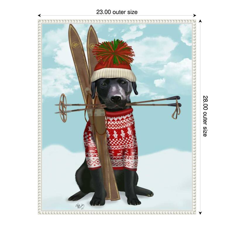 Black Labrador Skiing by Fab Funky (23 x 28 in.), Framed Canvas Wall Art Print - Sylvie Beaded White
