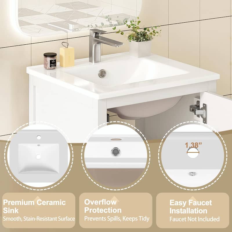 Modern Bathroom Vanity with Ceramic Sink - Soft-Close Drawers, Door Organizer, Divider Drawer