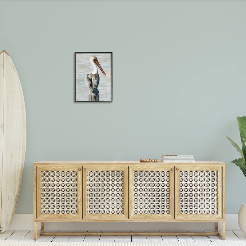 Stupell Long Beak Pelican Watercolor Painting Coastal Waterfowl Bird Framed Wall Art - Blue