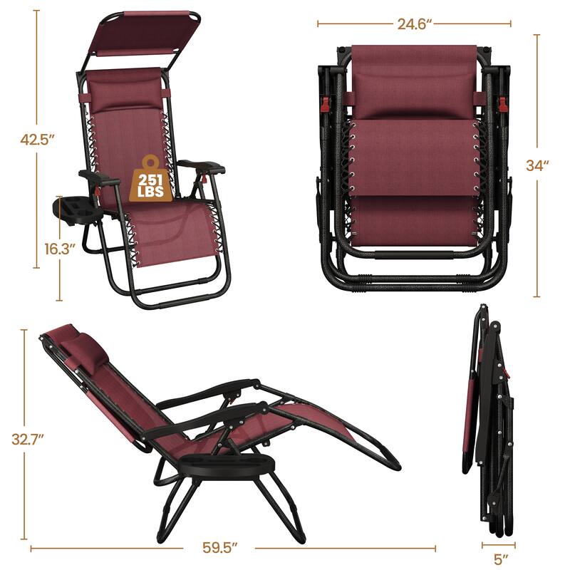 Yaheetech 26in Outdoor Zero Gravity Chair Patio Lounge Camping Chair with Sunshade