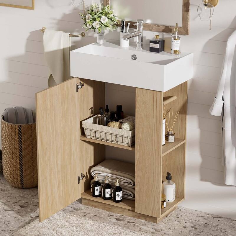 21.6" Bathroom Vanity with Ceramic Sink, Open and Closed storage