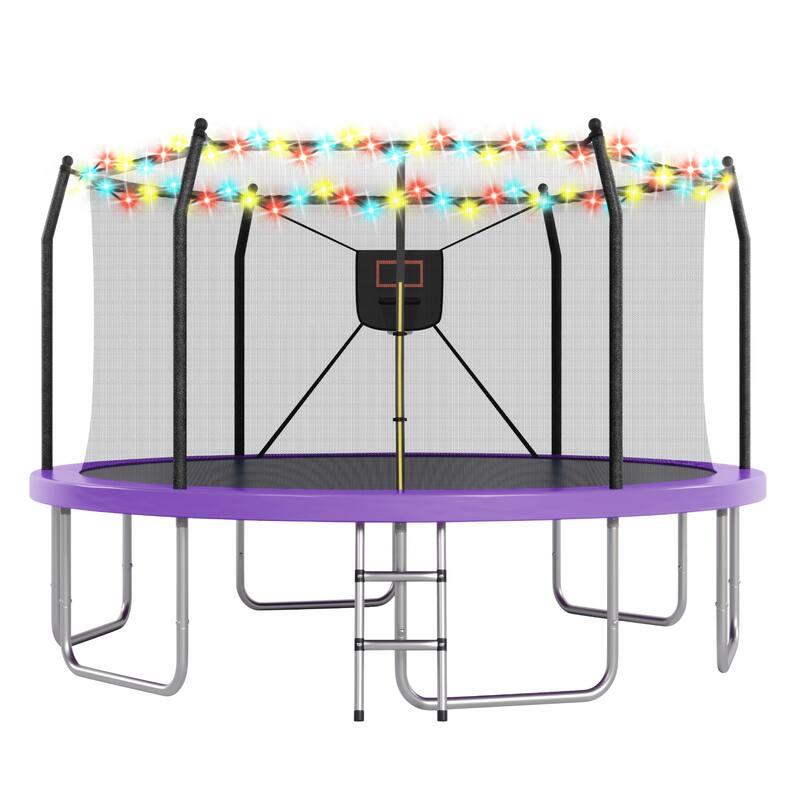14FT Trampoline with Lights and Basketball Hoop, Outdoor Recreational 16" Trampoine for Kids and Adults