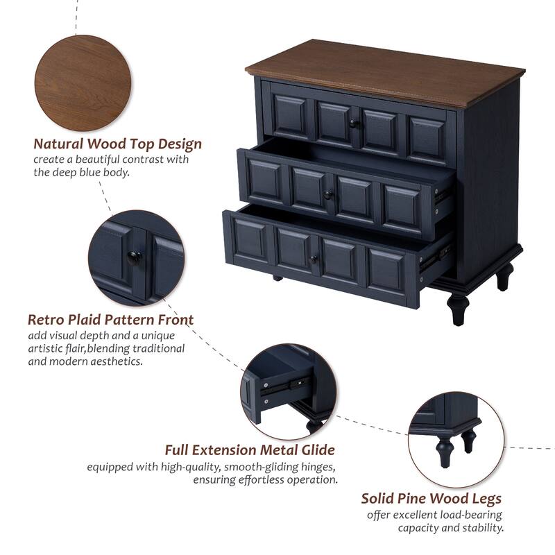 COZAYH Retro 3 Drawer Dresser with Plaid Pattern Front, Rustic Nightstand With Storage Chest For Bedroom, Living Room