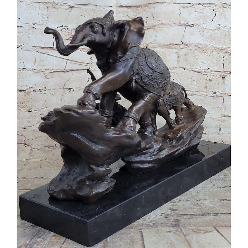 Signed Bologna Indian Mother Elephant And Calves Bronze Sculpture Home Decor Art