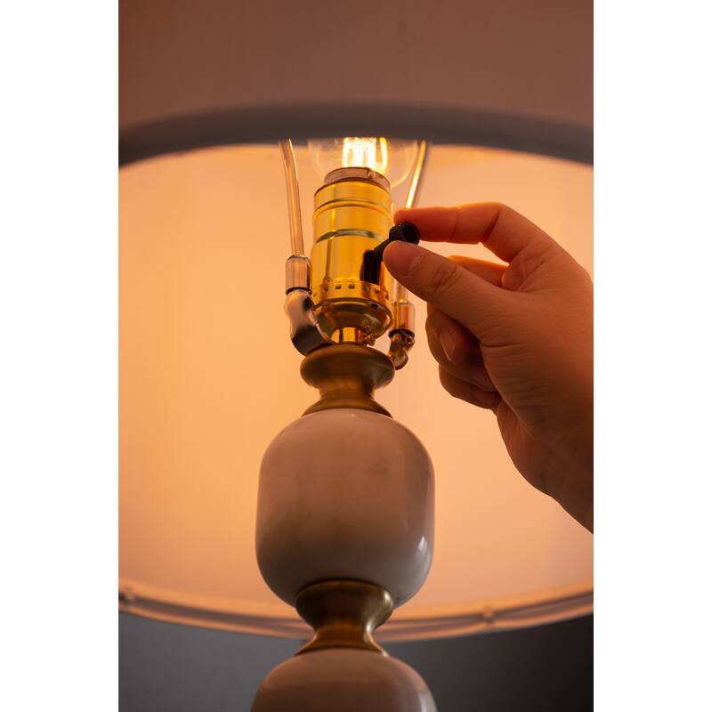 Marble Table Lamp with Fabric Drum Shade and Brass Finial Modern Vintage Style
