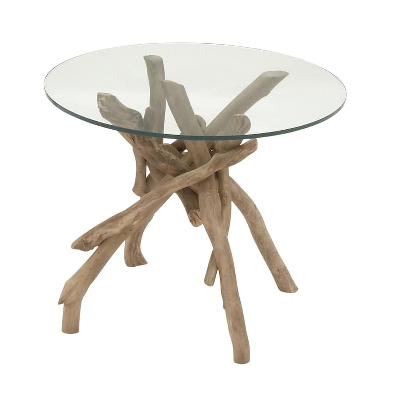 Brown Wood Handmade Tree Branch Accent Table with Clear Glass Top