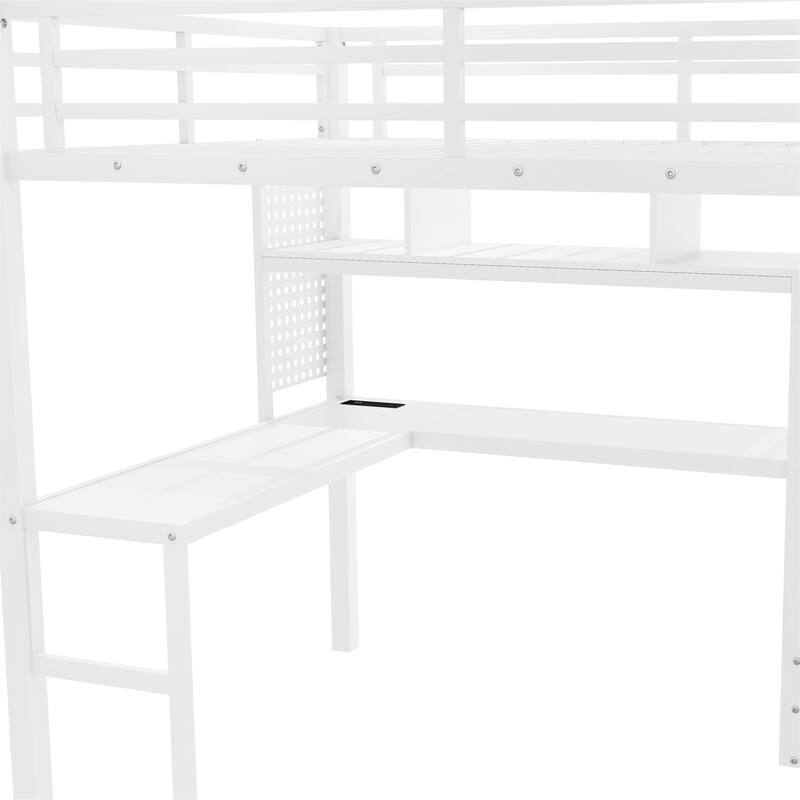 Full Size Metal Loft Bed with LED Light & Charge Station and Wardrobe