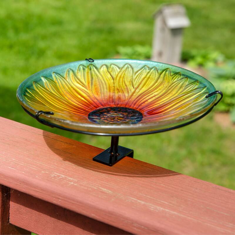 Deck-Mounted Glass Bird Bath with Stake