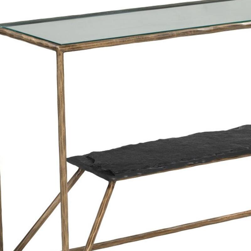 HomeRoots 48" Clear and Brass Glass Iron and Stone Frame Console Table With Shelf - 48.00 in. x 29.90 in. x 17.00 in.
