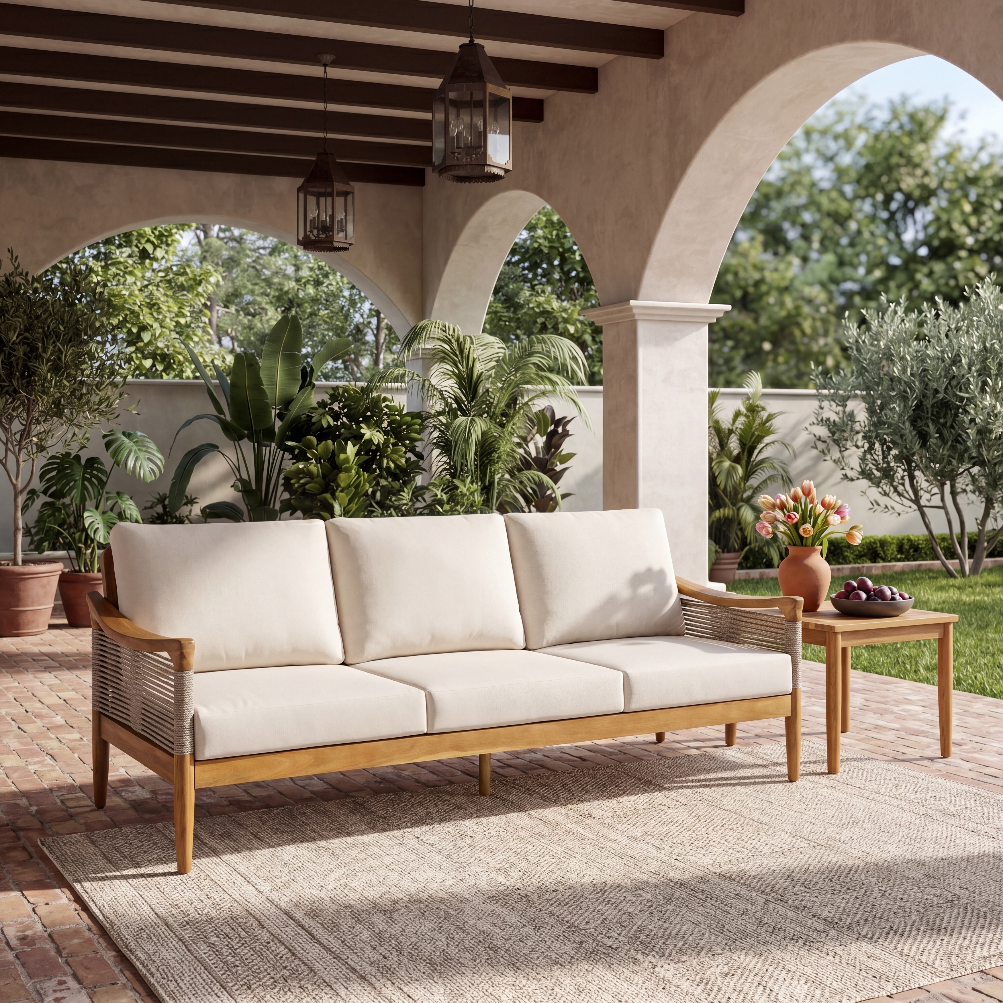 Christopher Knight Home - Outdoor 3-Seater Sofa, Acacia Wood & Rope Woven, Deep Seating & Removable Water-Resistant Cushions