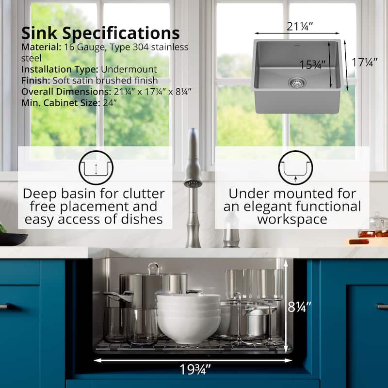 Karran 21" Undermount 16-Gauge Stainless Steel Single Bowl Kitchen Sink Kit