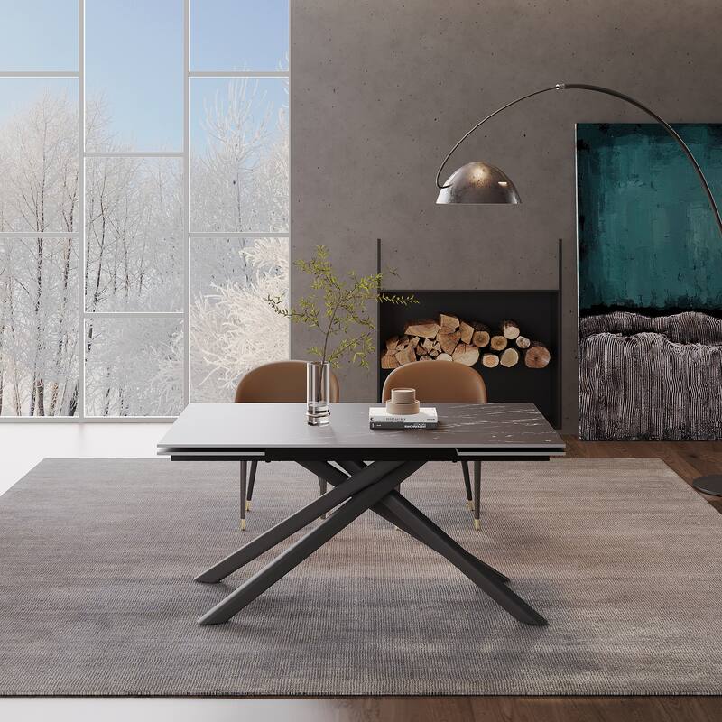 9 - Piece Extendable Rectangular Sintered Stone Cross Legs Dining Set With 8 Chairs For Home or Villa