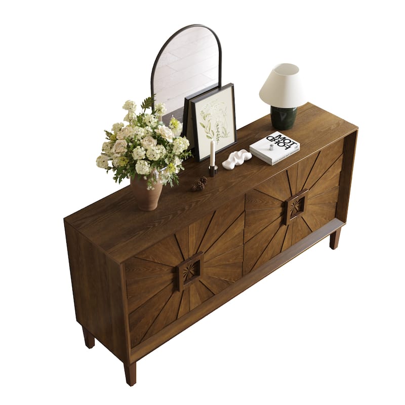 GDFStudio - Sunridge Farmhouse Rustic Wooden Credenza Storage Cabinet with Sunburst Doors
