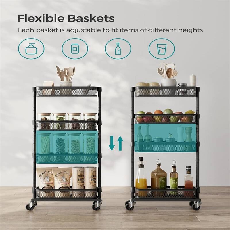 4 Tier Metal Rolling Cart with Wheels - 15.9"D x 5.3"W x 35.7"H