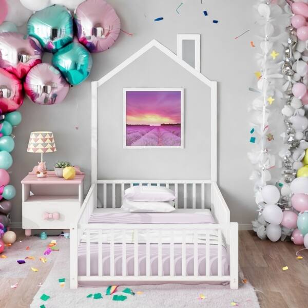 slide 2 of 24, Metal Twin Size House Bed with Guardrail ,Kids Bed with Headboard White